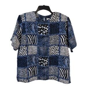Jordan Women's L Blue Patterned Short sleeve Blouse Back Button
